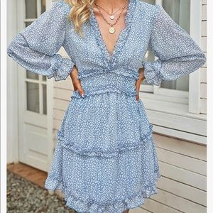 V-NECK RUFFLE LONG SLEEVE MINI DRESS